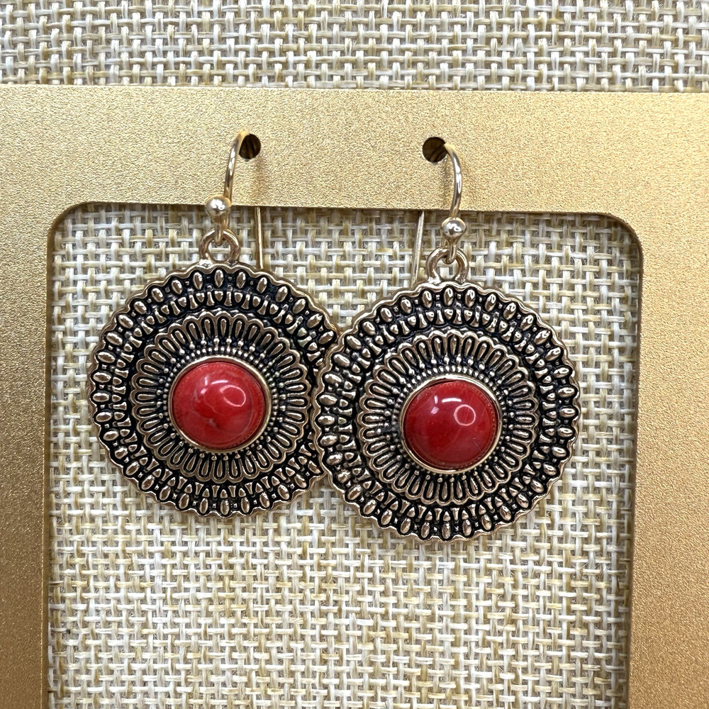 Vintage Barse Thailand Gold Tone Medallion Red Accent Earrings